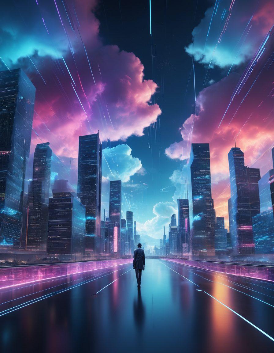 A sleek, futuristic cityscape representing the digital landscape, filled with glowing servers and interconnected data streams symbolizing managed hosting. Incorporate elements like a protective shield around the data centers to convey data security, while a diverse group of professionals collaboratively navigates with digital tools. The sky should feature abstract cloud patterns to indicate cloud computing. super-realistic. vibrant colors. cyberpunk.