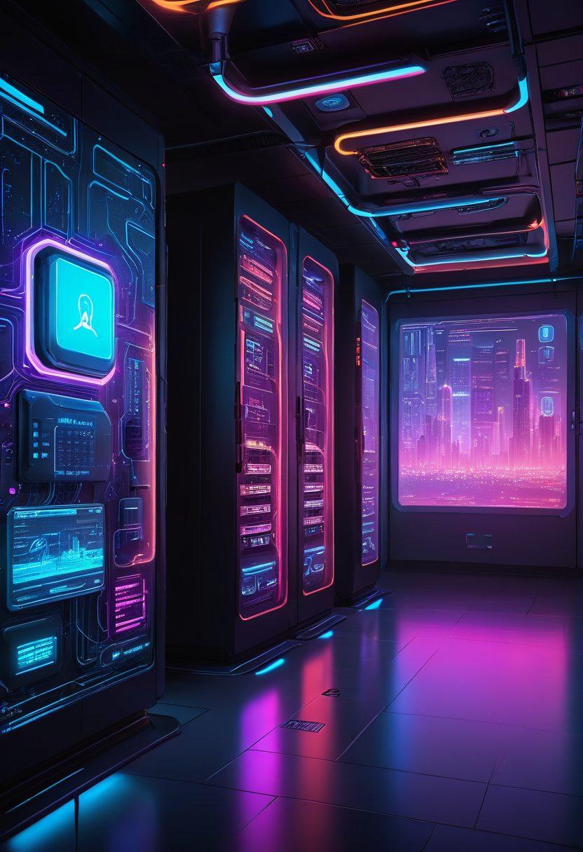 A futuristic server room glowing with neon lights, showcasing advanced cybersecurity technology with holographic interfaces displaying secure connections and enhanced performance metrics. In the foreground, a digital lock symbolizes robust security measures, while websites animate on screens representing seamless user experiences. The background features a skyline of a cyber city, hinting at limitless potential and innovation. cyberpunk. vibrant colors. 3D.