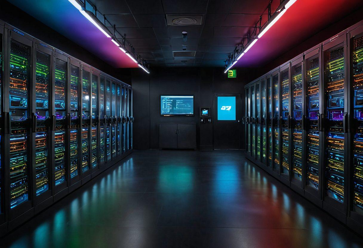 A split-screen image depicting two contrasting types of server environments: on one side, a bustling shared hosting room with many users, colorful and lively with wires and screens; on the other side, a sleek, modern dedicated server with security features like locks and shields, glowing subtly in a darker environment. Emphasize the themes of security and choice with symbols like a padlock and a key. super-realistic. vibrant colors. high tech.